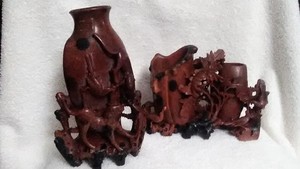 2 Antique Chinese Soapstone Vase/Hand carved Birds/Dogs DOUBLE Vase