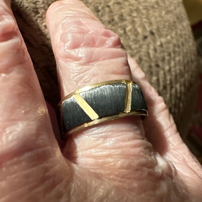 Luxury 8mm Stainless Steel Black Band W/Gold Dual Lines In A Sz 7