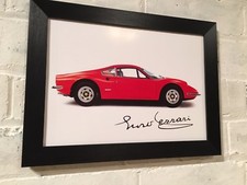 Ferrari Dino poster with reproduction autograph of Enzo and choice of frame Gift