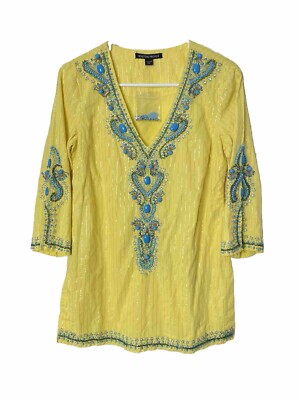 Boston Proper Blouse XXS Woven Metallic Beaded Ebroidered Boho Side Slit Beach