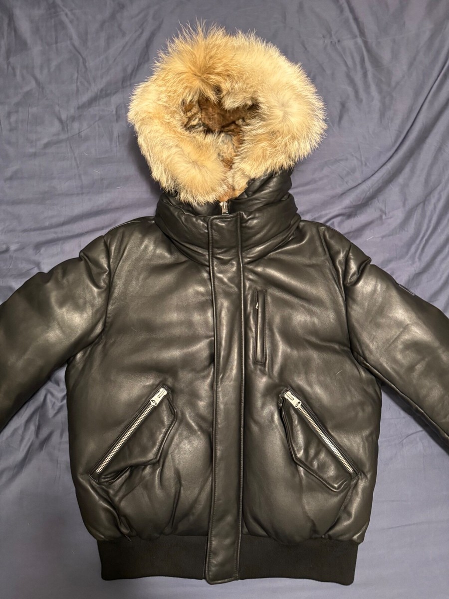 Mackage Mens Glen 2in1 Leather Bomber Hooded Bib Black/Natural Fur 44/XXL  NWT