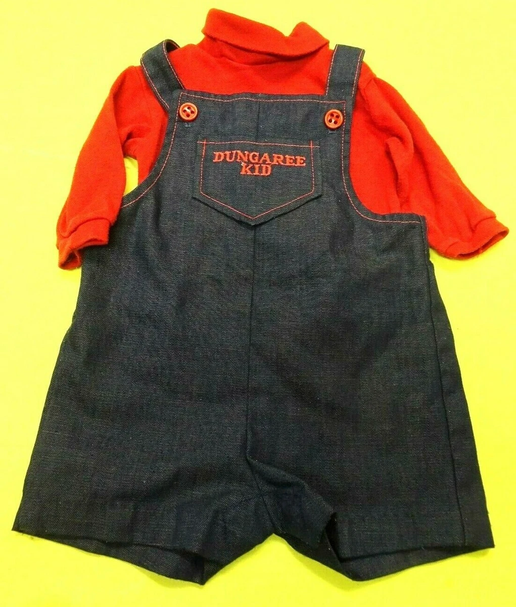 Vintage 1970s Healthtex Dungaree Kid Romper w/red Long Sleeved Shirt-Used 24Mo