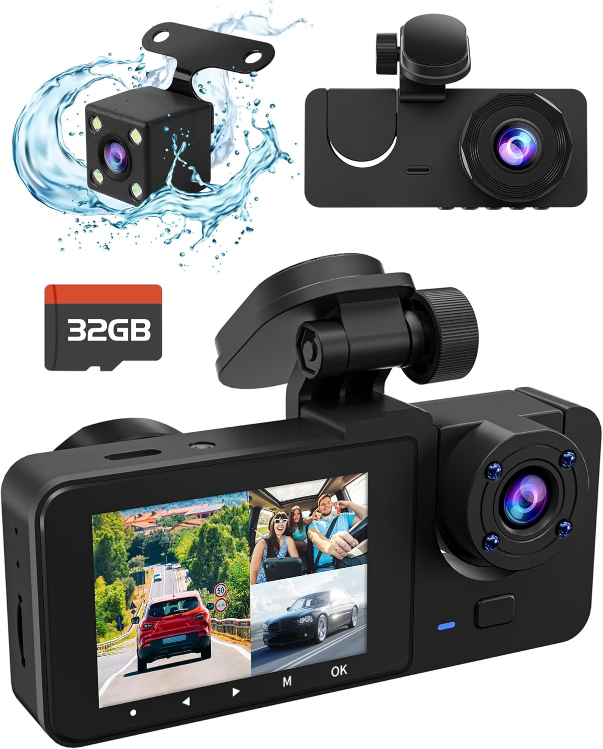 3-Channel 4K Dash Cam with Front, Rear, and Interior View for Cars