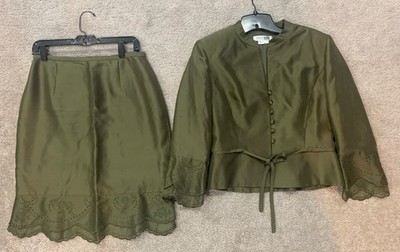 Kay Unger Womens 2 Piece Skirt Suit Green Lightweight Ruffle Lined Size 8