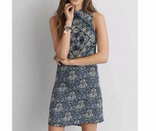 American Eagle Blue Paisley High Neck Open Back Mini Sheath Dress Size Large NEW