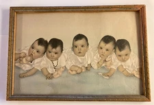 Vintage Dionne Quintuplets Framed Picture Vincent & Hughes Canadian Quints 1934
