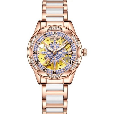 Luxus Damen Automatik Skelett Uhr | Gold Mechanisch mit weißer Keramik