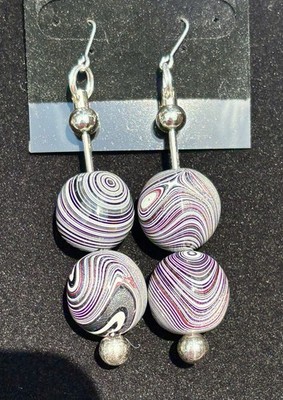 Handmade Artisan Fordite Bead Dangle Stainless Steel Earrings Boho Chic Recycle