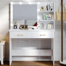 WAYES 3ft Vanity Desk with Lighted Mirror, Storage Drawers & Shelves, White
