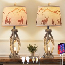 28" Set of 2 Rustic Antler Table Lamps Included 4 Bulbs for Living Room, Farm...