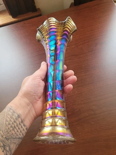 Pretty Electric Smoke Imperial Carnival Glass Ripple Vase 12 1/4" Tall