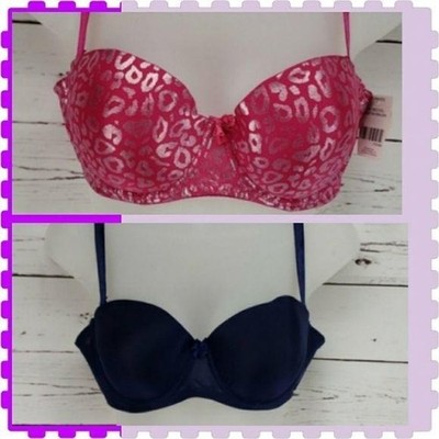 Two-Pack Push-Up Bras Pink Leopard & Navy Blue 36C Adjustable Straps Underwire S