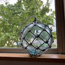 Japanese Vintage Large Glass Fishing Float Buoy Ball Net  Light blue 7 inch