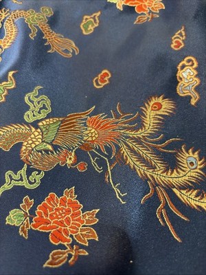 Navy Chinese Dragon Brocade Phoenix Motifs Fabric 36  Wide 5+ Yds. 100% Poly.