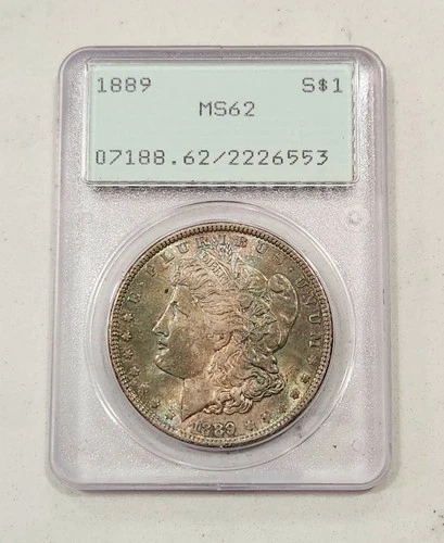 1889 Morgan Silver Dollar ~ PCGS MS62 OGH Rattler ~Rainbow Toned Nice Obv Color