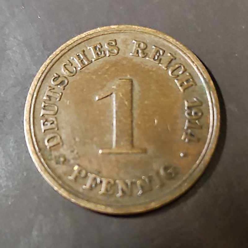 1914 Deutsches Reich Germany 1 Pfennig Copper Coin KM#13 Empire (1871-1918)
