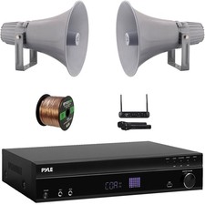 Pyle Bluetooth FM Audio Receiver, 2x 12.7'' PA Horn Speakers Wireless Mic