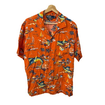 Polo Ralph Lauren Hawaiian Shirt Mens L Orange Tropical Fish Marlin Fishing  Boat