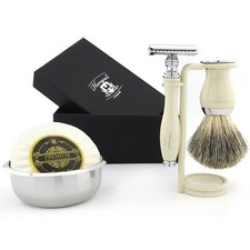 5PCS Shaving Kit with Badger Shaving Brush, DE Safety Razor, Stand, Bowl Soap