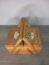 VTG Fold-Out Wooden Hand Painted Sewing Box - Mexico Double Handle - Two Tiers 
