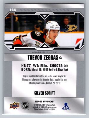 2024-25 Upper Deck MVP #166 Trevor Zegras Silver Script Anaheim