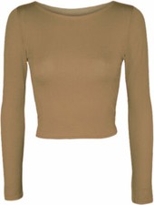 Womens Long Sleeve Crop Top Scoop Neck Short T Shirt Ladies Plain Printed Top