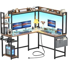 L Shaped Home Office Desk with Hutch ＆ Shelves, Computer Desk with LED & Outlets