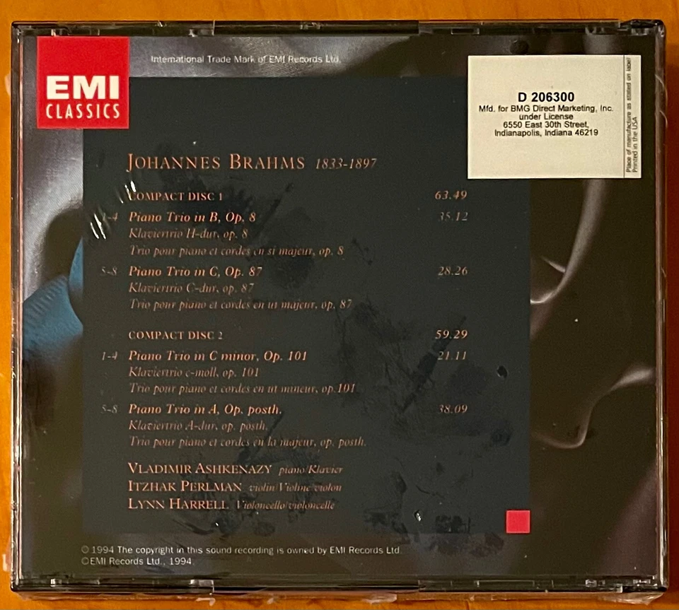 ASHKENAZY PERLMAN HARRELL Brahms Trios EMI CLASSICS CD 1994 BOX SET SEALED - Image 2 of 2
