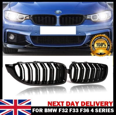 GRILL FOR BMW 4 SERIES F32 F33 F36 GLOSS BLACK KIDNEY GRILLE TWIN BAR M4 STYLE - Image 1 of 4