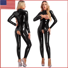 Women Wetlook Patent Leather Jumpsuit Crotchless Catsuit Bodysuit Clubwear