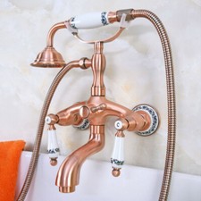 Antique Red Copper Wall Mount Clawfoot Bath Tub Faucet Tap w/ Handheld Shower