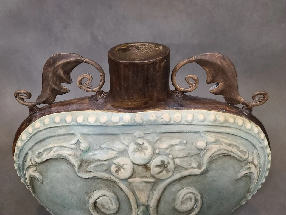 Collectable IMAX Clay Vase Metal Handles Green Brown Home Décor Decoration - Image 2 of 4