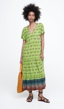 BNWT Zara panelled printed midi dress multicoloured Tiered Peasant Boho Medium 
