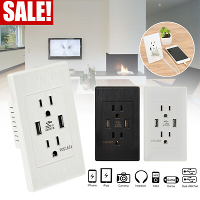 15A 110V Dual USB Wall Outlet Charger Port Socket With Electrical Receptacles