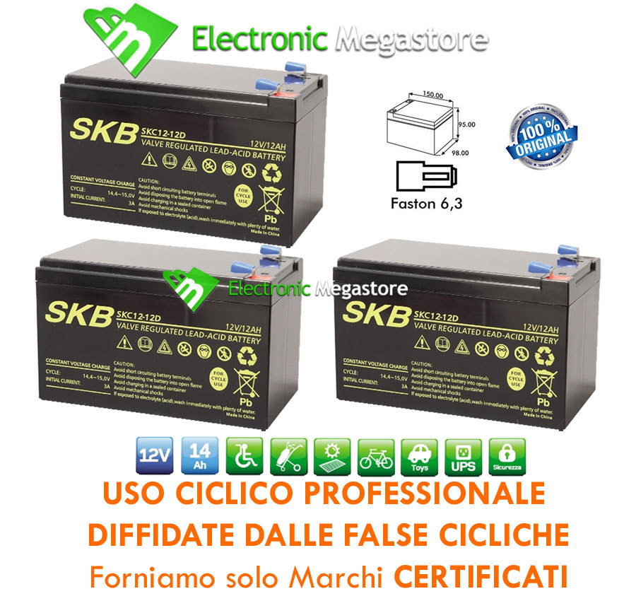KIT 03 BATTERIA A PIOMBO SKB 12V 12AH RICARICABILE PER BICI ELETTRICA 36V