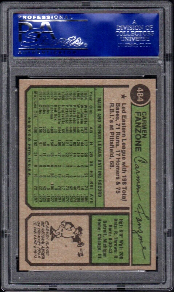 1974 Topps #484 CARMEN FANZONE Chicago Cubs PSA 9 MINT LOW POP! - Image 2 of 2