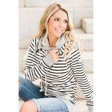 AMPERSAND AVENUE NWT WOMENS DOUBLEHOOD SWEATSHIRT - TAN BLACK STRIPE-LARGE
