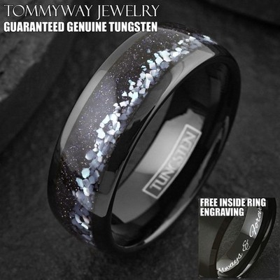 Custom Engraved Tungsten Carbide Men's Mother of Pearl-Blue Sandstone Band Ring
