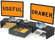 Dual Monitor Stand Riser with Drawer, Adjustable Length and Angle Black