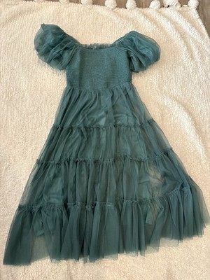 Magdalena Baltic Born  Smocked Square Neck Puff Sleeve Tulle Midi Dress M 