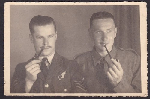 Vintage Photograph Two Soldiers RAF Smoking Pipes Friends Buddies Military WW2