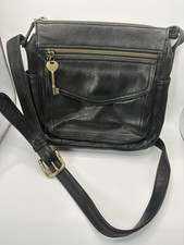 Vintage Fossil Genuine Leather Crossbody Purse Black Multi Pocket Bag 75082