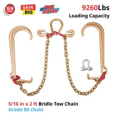 5/16" x2ft V-Bridle Tow Chain, Grade 80 Chain w/ TJ Hooks  Crab Hooks, 9260Lbs