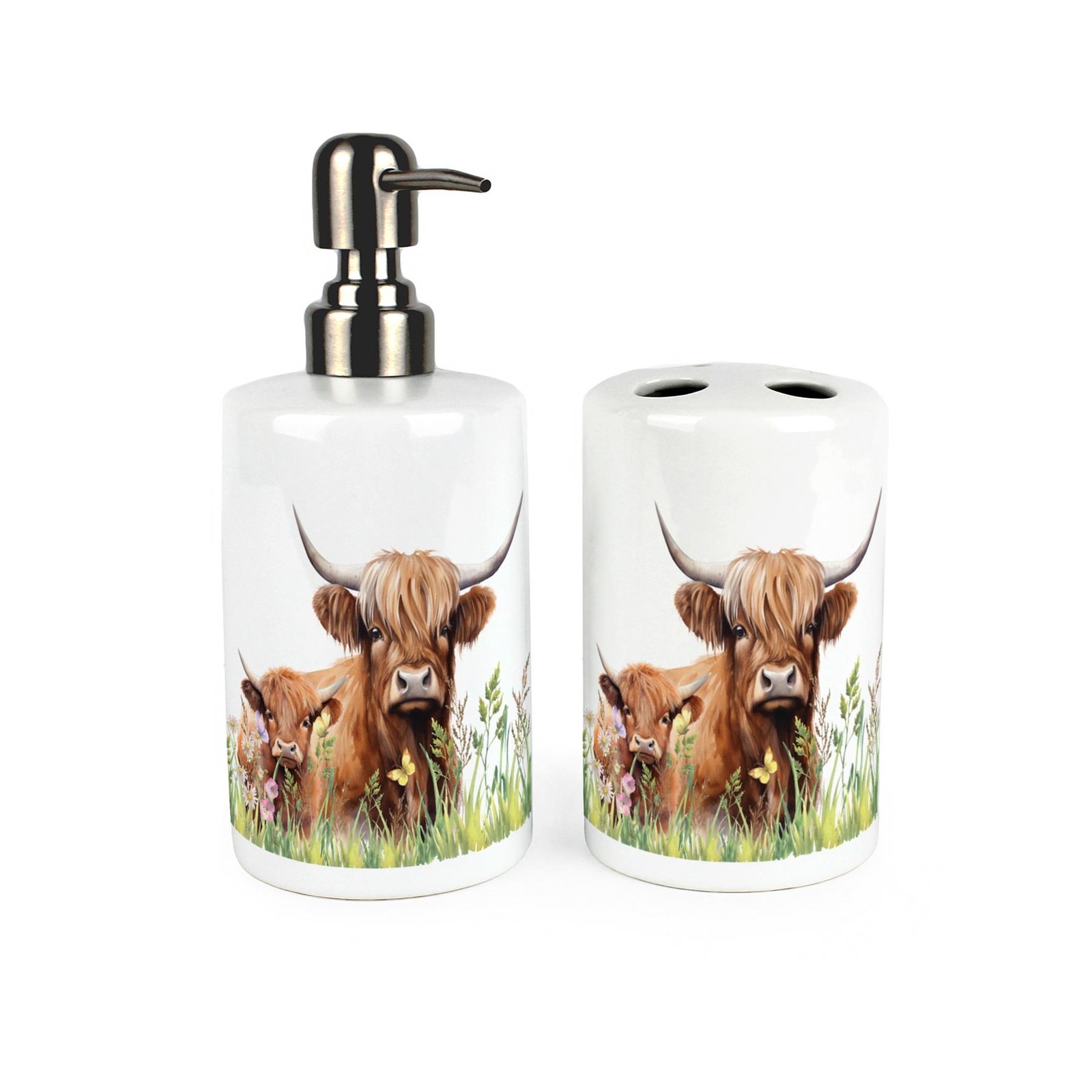 Highland Cow & Calf Toothbrush Holder & Soap Dispenser Bathroom Set Gift