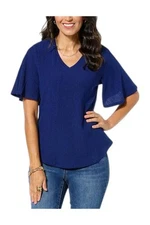 DG2 by Diane Gilman Women's Plissé Knit Flutter-Sleeve VNeck Top Navy