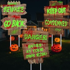 Halloween Decorations Beware Signs Yard Stakes Outdoor Creepy Assorted Warnin...