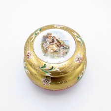 Antique Deep Cranberry and Gold Dresser Jar with Sweet Scene