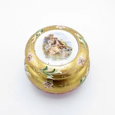 Antique Deep Cranberry and Gold Dresser Jar with Sweet Scene