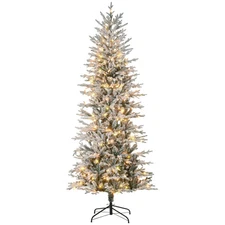 HOMCOM 7.5ft Prelit Flocked Christmas Tree Warm Yellow Lights
