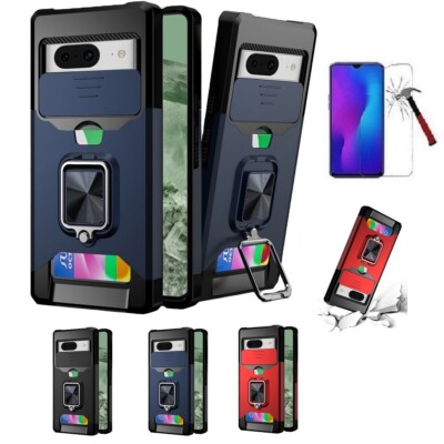 For Google Pixel 8a, Card Slot Ring Kickstand Case Cover + Tempered Glass